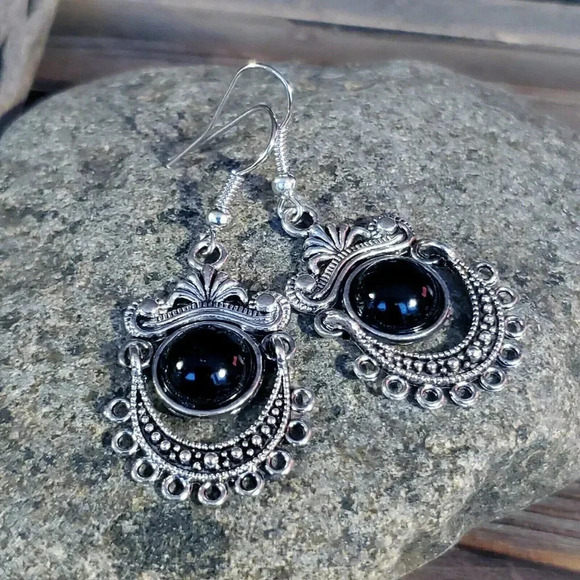 Handcrafted Antique Silver Plated Black Porcelain Stone Dangle Earrings - Picture 2 of 8